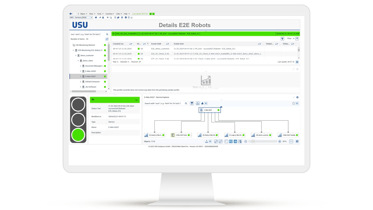 USU Dashboard shows successful execution of an end-to-end robot with green status indicator and service dependencies.