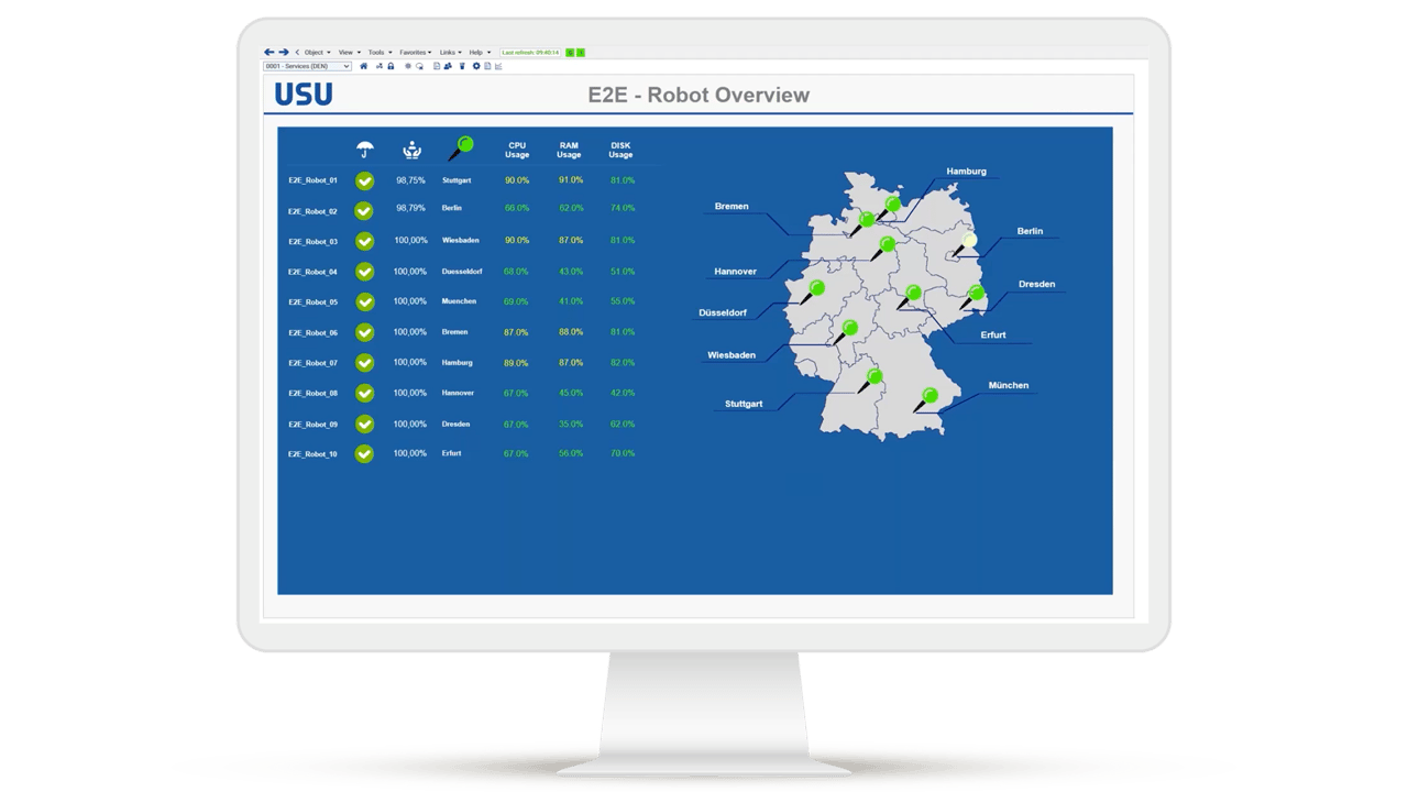 USU Dashboard with overview of active end-to-end robots and locations in Germany for monitoring IT performance and user experience.