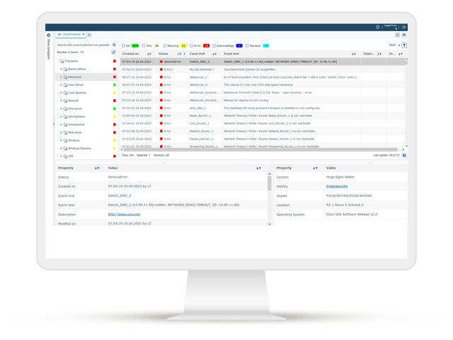 360° monitoring of your IT with central event correlation, SLA optimization and fewer tickets - screenshot of the USU Event Console with status overview and detailed information.