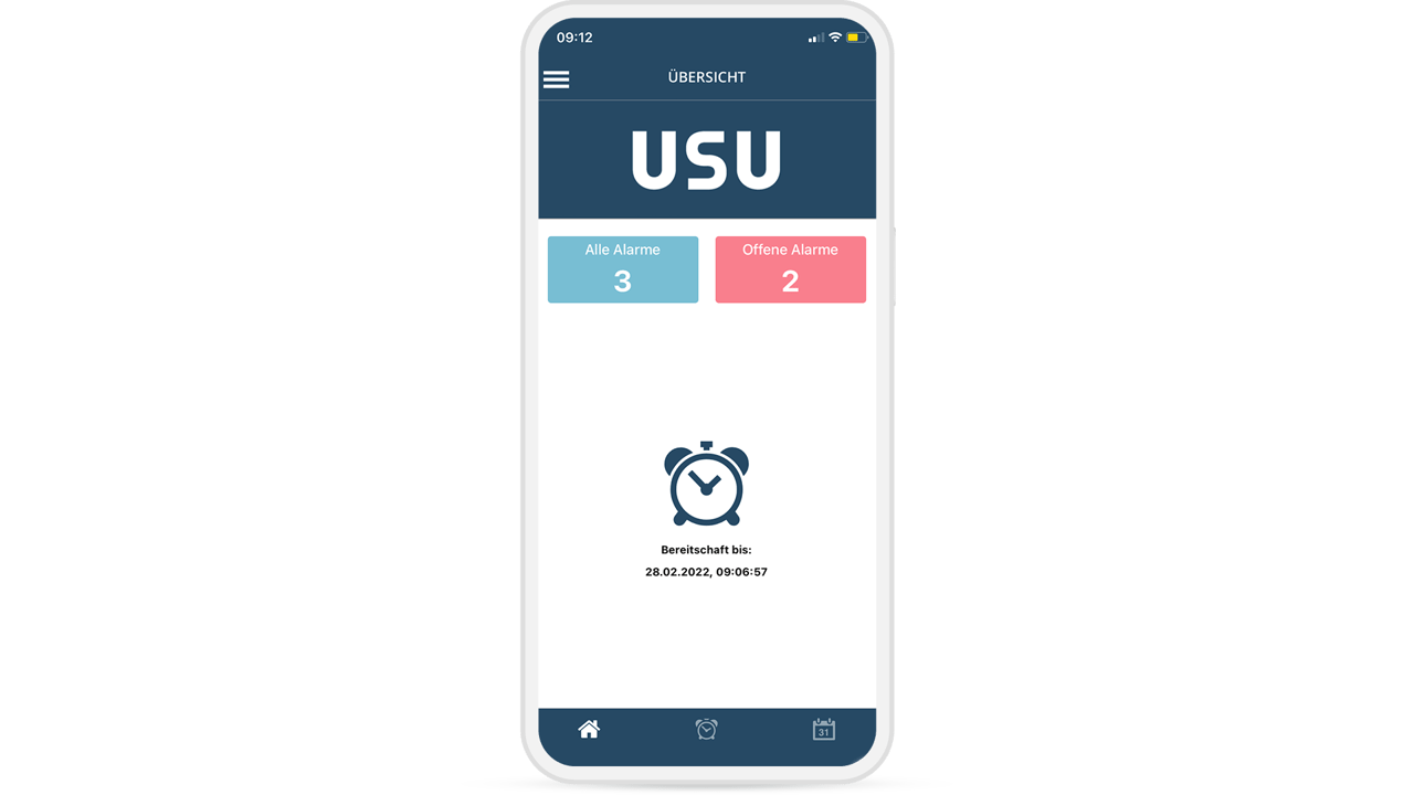 Mobile alarm overview of the USU app with display of all and open alarms as well as standby status including time stamp.