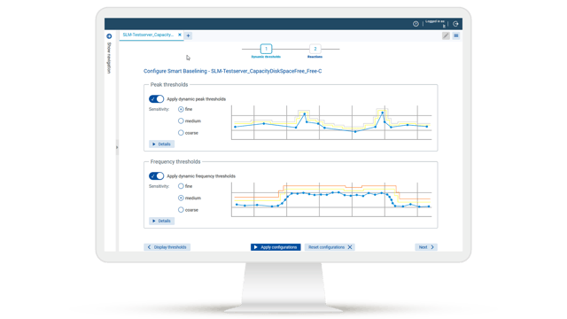 Smart baselining configuration with AI-supported, dynamic threshold values. The AI analyzes historical measured values and automatically adjusts alarm limits to detect anomalies at an early stage.