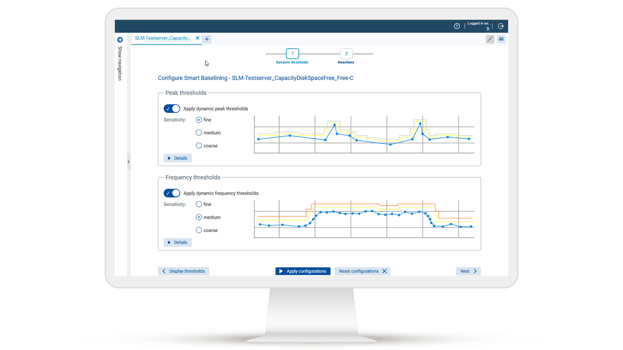 Configuration view for smart baselining with AI-supported analysis. Dynamic threshold values for peaks and frequencies automatically adapt to historical data.