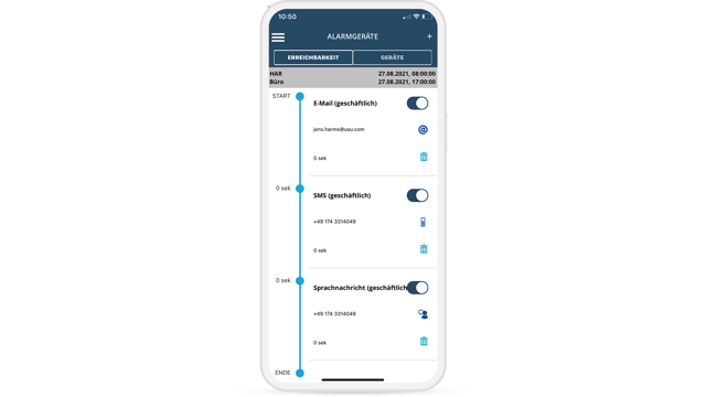 Mobile view of the USU Alerting App with activated alerting channels for e-mail, SMS and voice message. The alarm sequence and time delays can be configured individually.