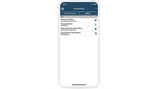 Mobile view of alarm devices in USU's cloud-based IT Alerting Service. Shows configurable alerting channels such as e-mail, SMS, Skype and voice message.