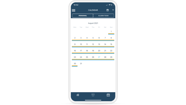 Mobile calendar view in USU IT Service Alerting. Shows personal and team on-call times for August. Days with active on-call duty are highlighted in color.