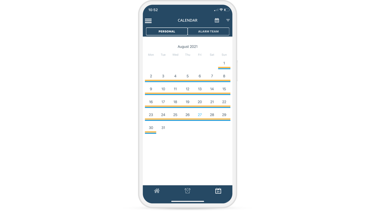 Mobile calendar view of the USU Alerting App with color-coded duty and on-call times in a monthly overview.