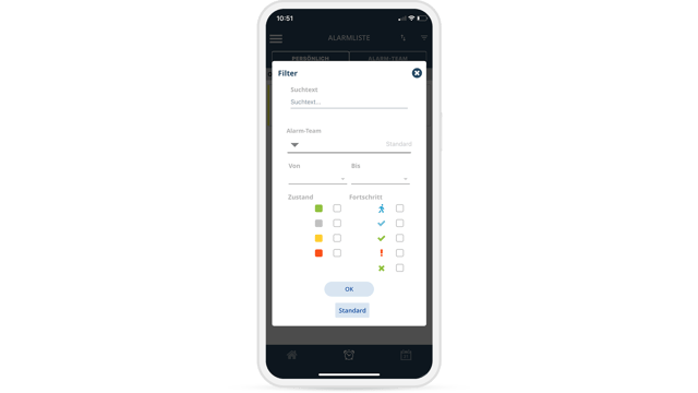 Mobile filter view of the USU IT Alerting App with options for narrowing down by time period, alert status and processing progress.