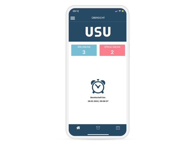 Mobile overview of the USU IT Service Alerting App with display of all and open alarms. The readiness status is displayed including a time stamp.