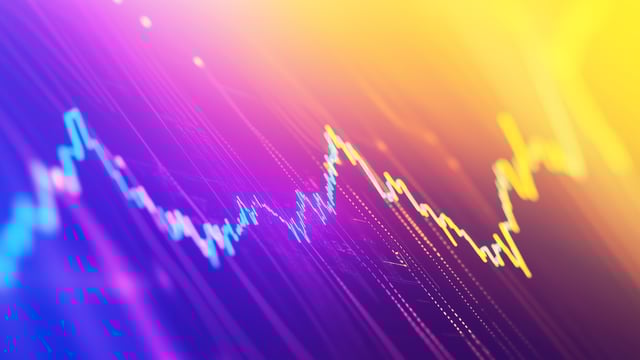 Abstract depiction of a digital chart with glowing blue, purple, and yellow lines on a dark background – symbolizing data analysis, IT monitoring, and anomaly detection.