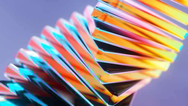 Dynamically stacked, colorful glass surfaces symbolize how AI intelligently and efficiently supports processes in IT service management.